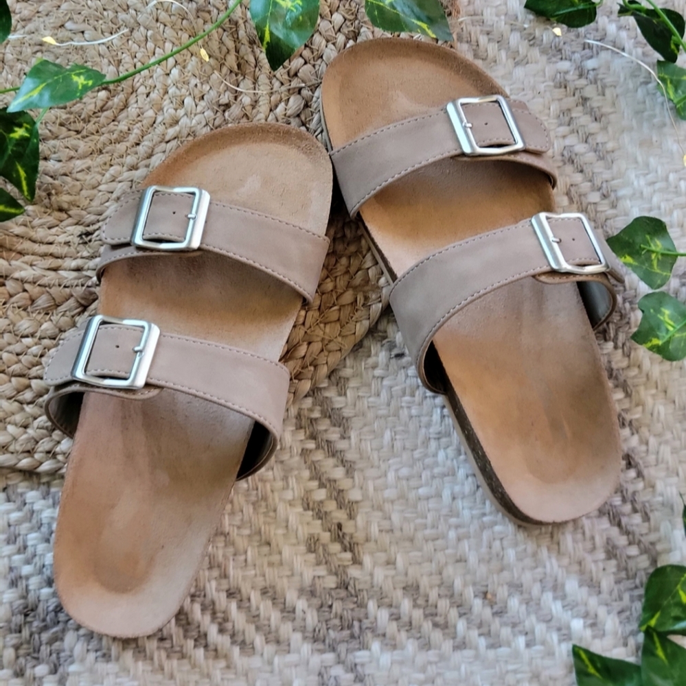 Soda Double Buckle Slide Sandals in Taupe